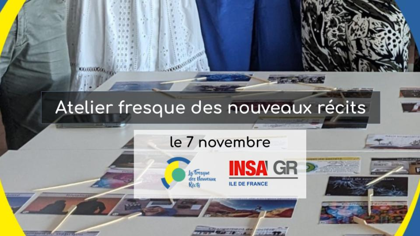 photo de l'atelier, indication de la date et logos de la fresque des nouveaux récits et du GR ile de france photo de l'atelier, indication de la date et logos de la fresque des nouveaux récits et du GR ile de france